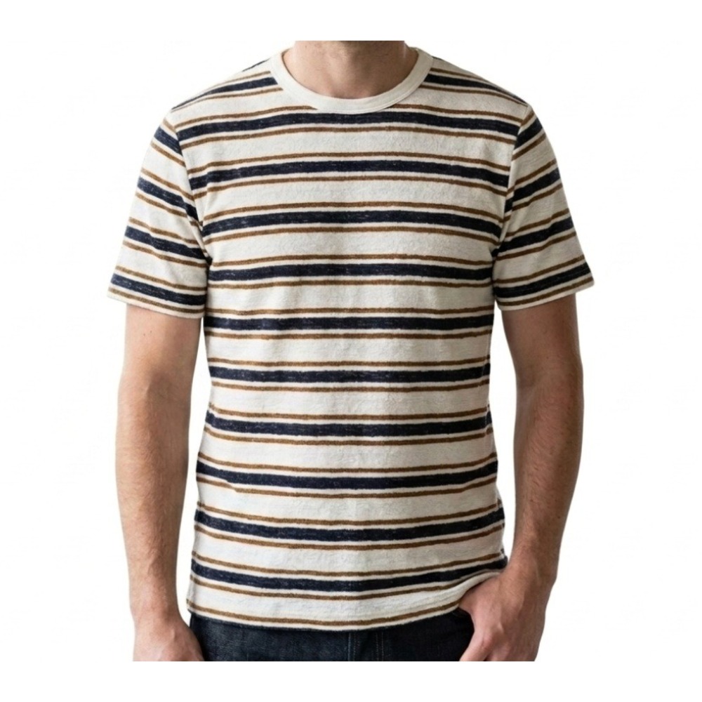 Folk Mens Striped Crew Neck T-Shirt White Navy Blue Brown Cotton Size L